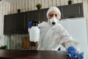 Pessoa, usando macacão branco e equipamento de proteção, desinfectando uma cozinha. Ilustração do texto sobre franquia de desinfecção.