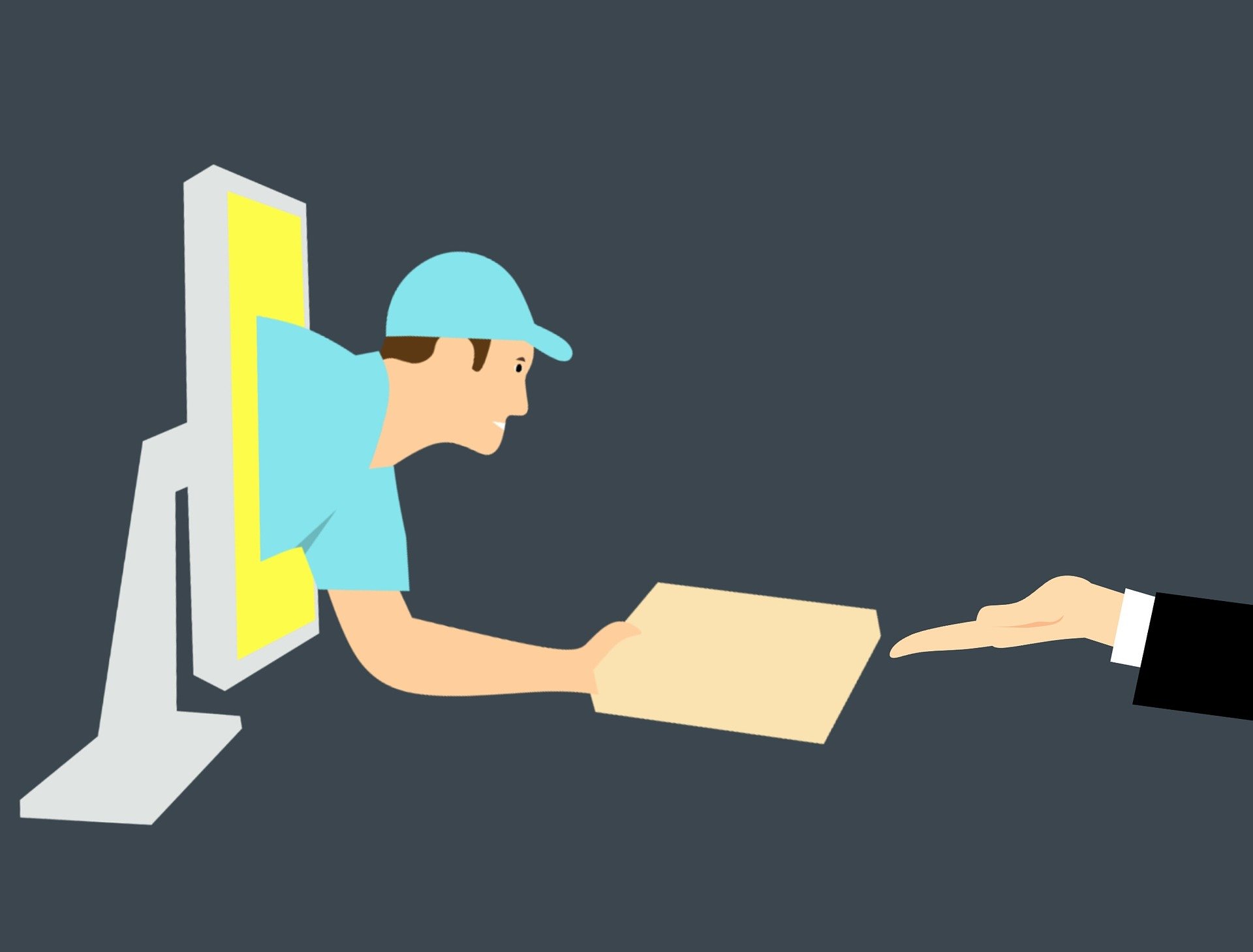 Vemos a ilustração de um entregador saindo da tela de um computador enquanto passa uma espécie de caixa para o cliente (imagem ilustrativa). Texto: mercado de franquias 2021.