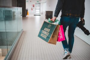 Imagem de uma pessoa segurando sacolas de compras no corredor de um shopping. Imagem ilustrativa texto melhores franquias para shopping.