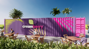 Imagem de uma loja Cream Berry com fachada na cor roxa. Ilustração do texto sobre franquia de Container.