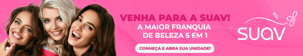 Banner CTA da franquia Suav com fundo rosa, mulheres sorrindo e chamada para investir na franquia de beleza 5 em 1